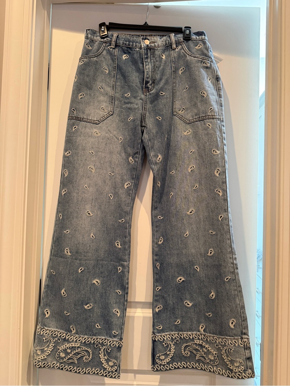 Oli & Hali Light Blue Paisley-Embroidered Wide-Leg Jeans